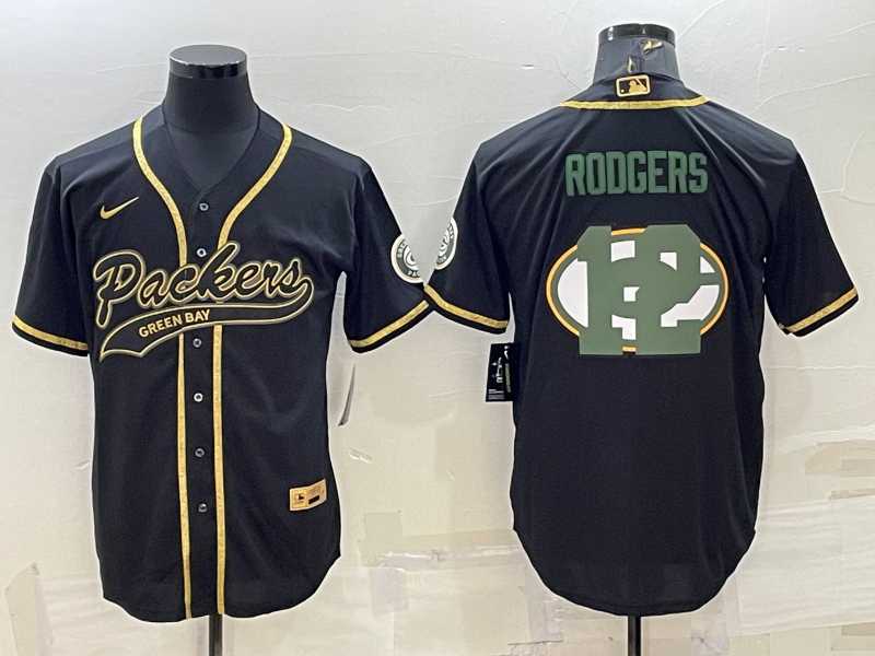 Mens Green Bay Packers #12 Aaron Rodgers Black Team Big Logo With Patch Cool Base Stitched Baseball Jersey